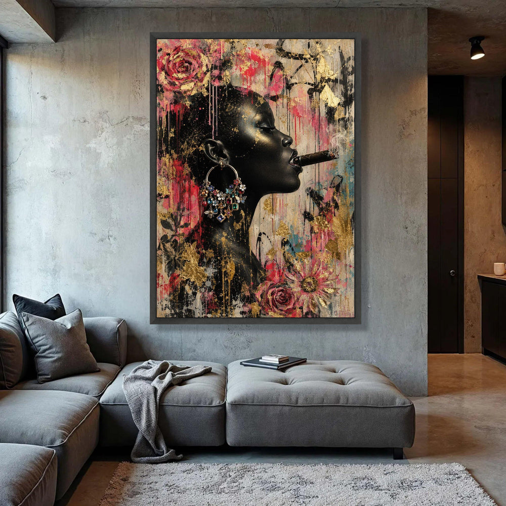 Elegant Black Woman Profile Canvas, Floral and Gold Leaf Wall Art, Modern Portrait Design, Vibrant Urban Style Canvas, Luxury Home Decor