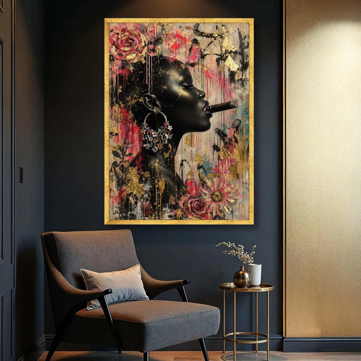 Elegant Black Woman Profile Canvas, Floral and Gold Leaf Wall Art, Modern Portrait Design, Vibrant Urban Style Canvas, Luxury Home Decor