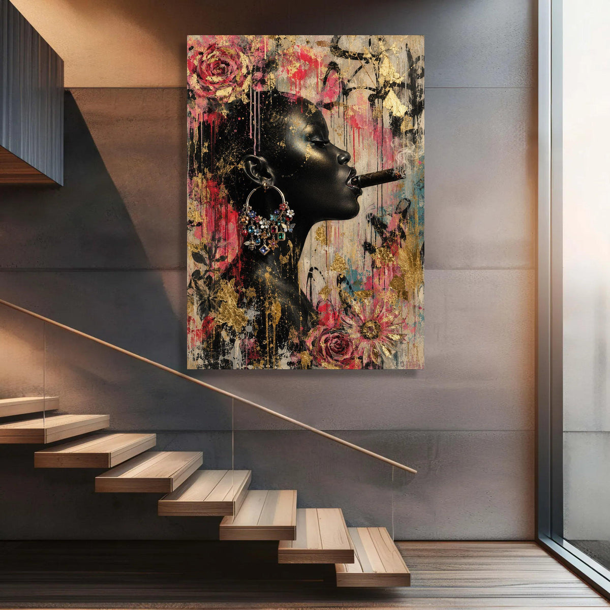 Elegant Black Woman Profile Canvas, Floral and Gold Leaf Wall Art, Modern Portrait Design, Vibrant Urban Style Canvas, Luxury Home Decor