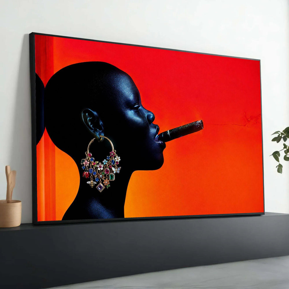 Bold Silhouette with Statement Earrings and Cigar, Modern Portrait Canvas, Vibrant Red Orange Background, Contemporary Luxury Home Decor