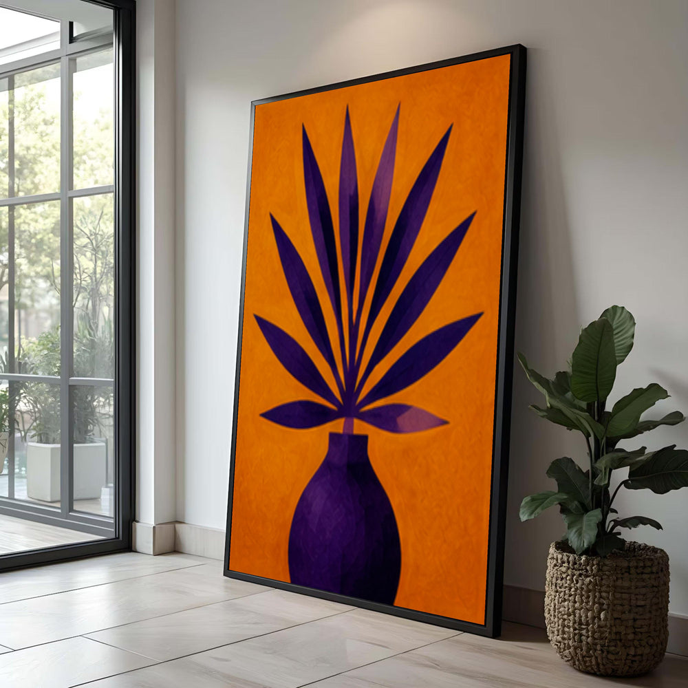 Modern Purple Palm Leaf Canvas, Abstract Botanical Wall Art, Vibrant Orange Background, Contemporary Home Decoration, Luxury Home Decor