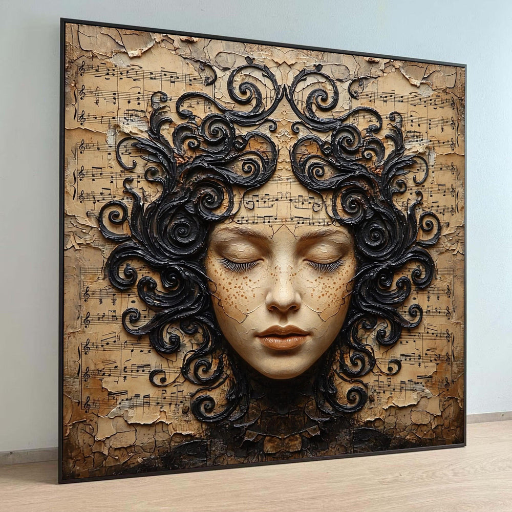Dreamy Woman Face Canvas, Musical Notes Background, Artistic Wall Art, Decorative Home Canvas, Serene Expression Portrait Luxury Home Decor