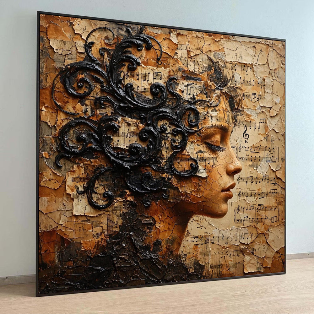 Vintage Musical Portrait Canvas, Woman Profile Wall Art, Classical Music Notes, Artistic Home Decor, Elegant Face Painting Luxury Home Decor