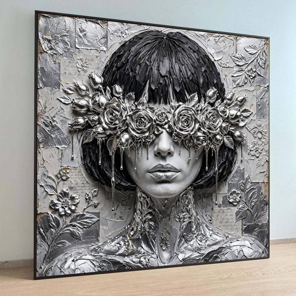 Elegant Floral Blindfold Canvas, Silver Roses Wall Art, Modern Woman Portrait Canvas, Decorative Face Art, Unique Home Luxury Home Decor