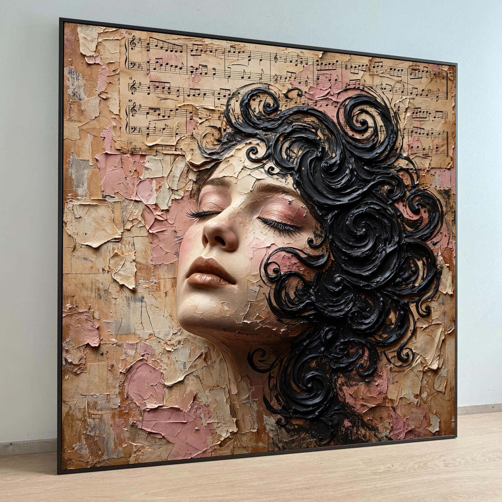 Elegant Woman Portrait Canvas, Musical Sheet Background, Curly Black Hair Art, Vintage Style Wall Decor, Artistic Home Luxury Home Decor