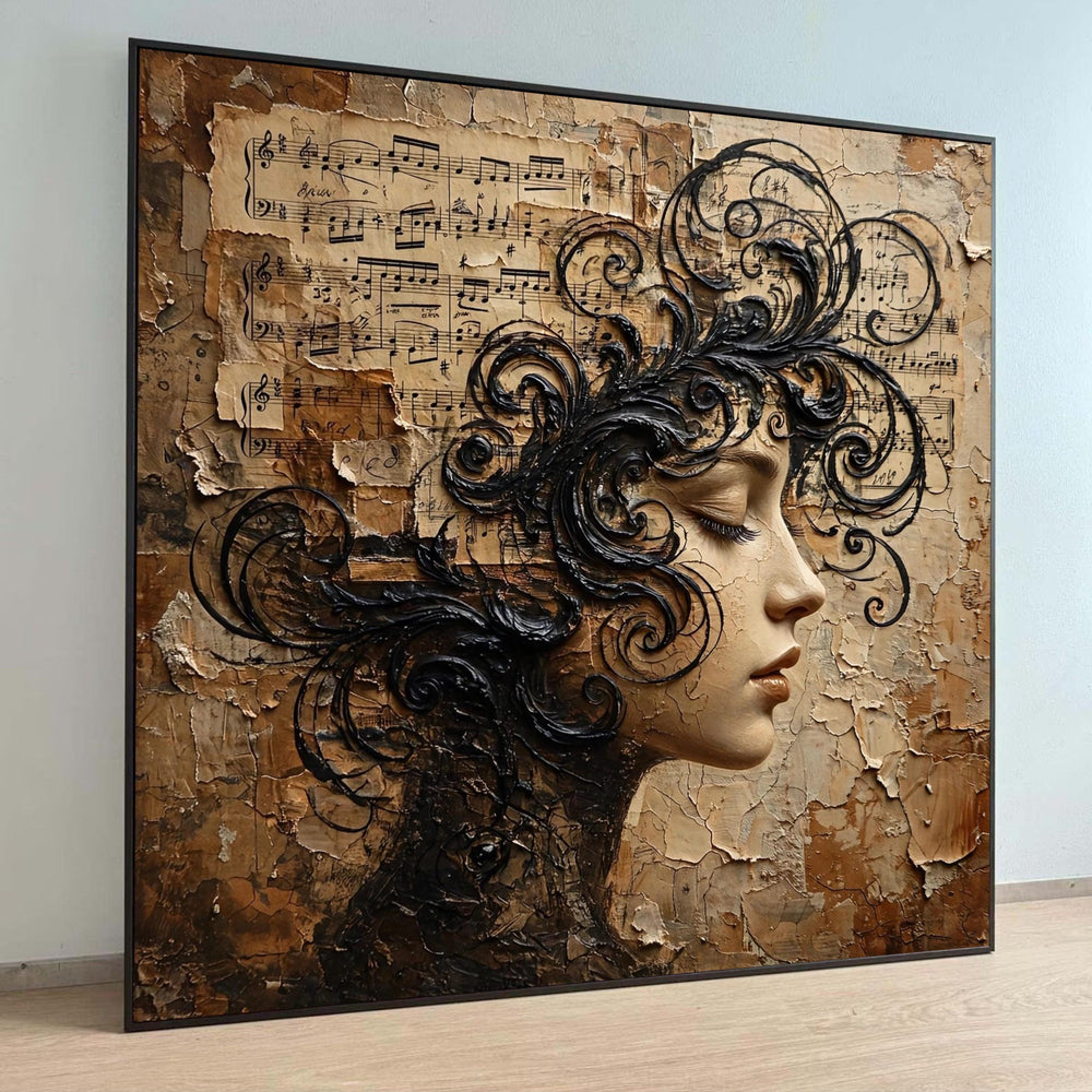 Elegant Woman Profile with Musical Notes Canvas, Vintage Sheet Music Wall Art, Artistic Face Painting, Home Decor Canvas, Luxury Home Decor