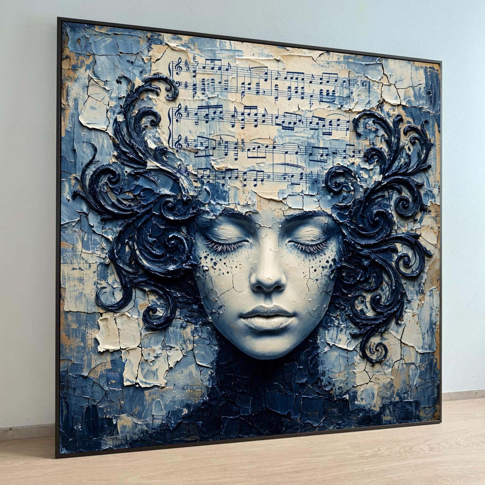 Dreamy Woman Face Canvas Wall Art, Vintage Music Sheet Decor, Abstract Portrait Painting, Artistic Home Decoration, Blue Luxury Home Decor