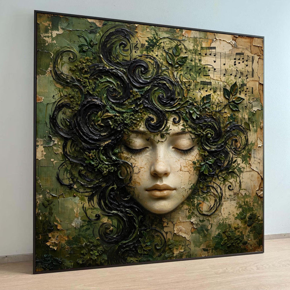 Enchanted Woman with Musical Notes, Green Nature Hair Canvas, Dreamy Face Wall Art, Botanical Music Theme Decoration Luxury Home Decor