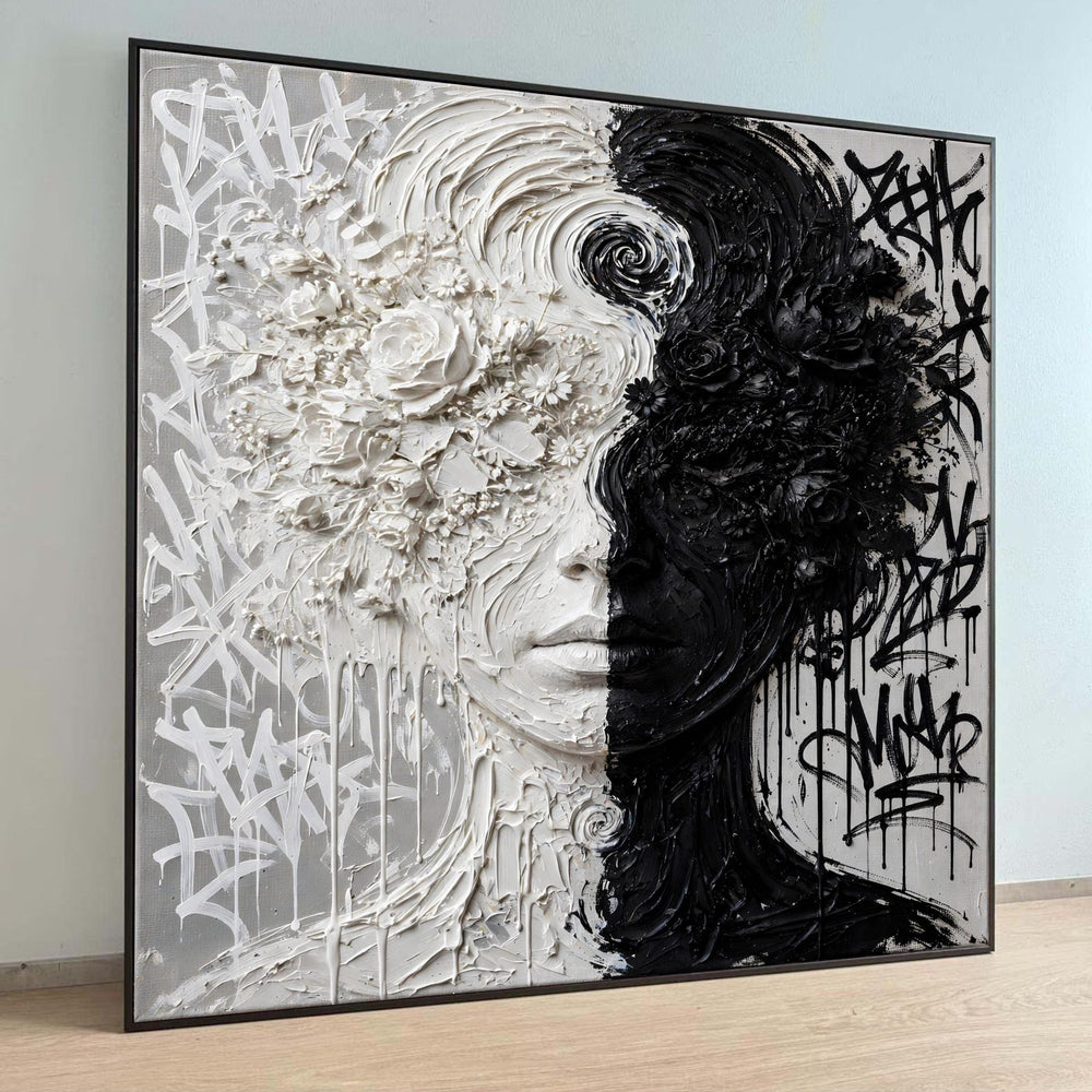 Yin Yang Face Canvas Wall Art, Black and White Floral Portrait, Abstract Emotional Art, Modern Home Decoration, Duality Luxury Home Decor