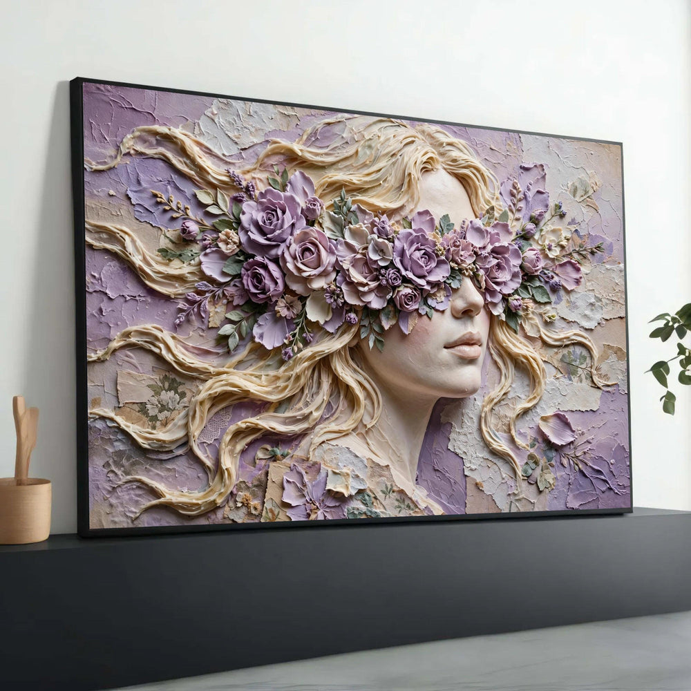 Woman with Flower Crown Canvas, Lavender Roses Wall Art, Feminine Portrait Canvas, Floral Face Art, Romantic Home Luxury Home Decor