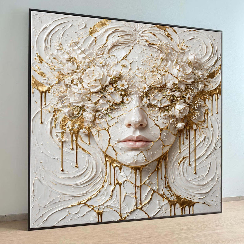 Elegant Woman Face Canvas Wall Art, White Floral Mask Design, Gold Accent Home Decoration, Modern Abstract Portrait Canvas Luxury Home Decor