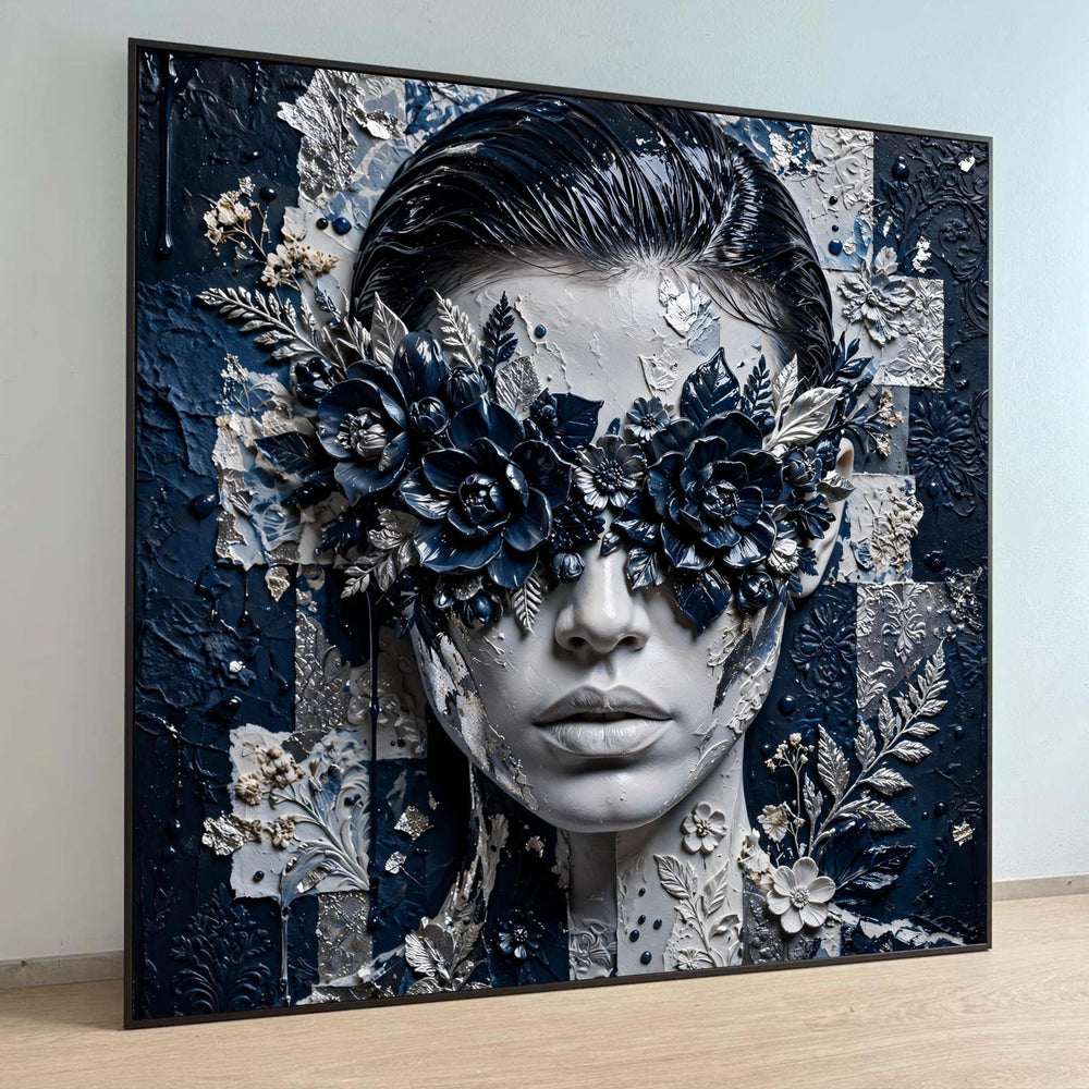 Elegant Facial Portrait Canvas, Floral Eye Mask Art, Dark Blue Decorative Wall Hanging, Modern Home Canvas, Contemporary Luxury Home Decor