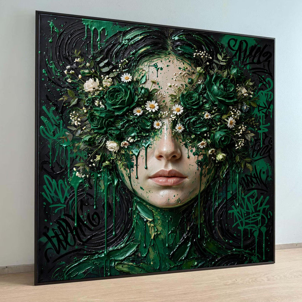 Floral Vision Woman Canvas, Green Roses and Daisies Portrait, Abstract Nature Wall Art, Contemporary Face Art Canvas, Luxury Home Decor