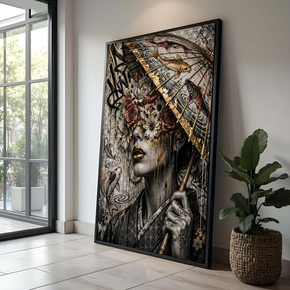 Elegant Geisha Woman Canvas Wall Art, Koi Fish Umbrella Design, Floral Mask Art Print, Gold Accent Painting, Japanese Luxury Home Decor