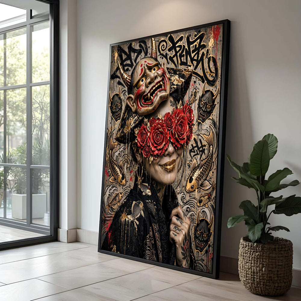 Japanese Oni Mask Canvas, Red Roses Eye Cover, Koi Fish Wall Art, Gold Accents, Tattoo Home Decor, Contemporary Asian Luxury Home Decor
