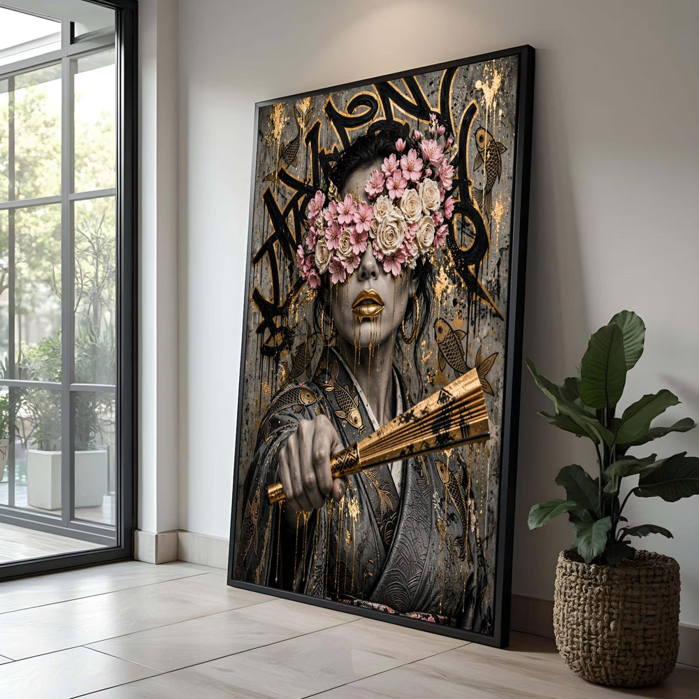 Modern Geisha Woman Art Canvas, Floral Mask Portrait, Gold Accent Wall Art, Koi Fish Design Canvas, Asian Decorative Art Luxury Home Decor