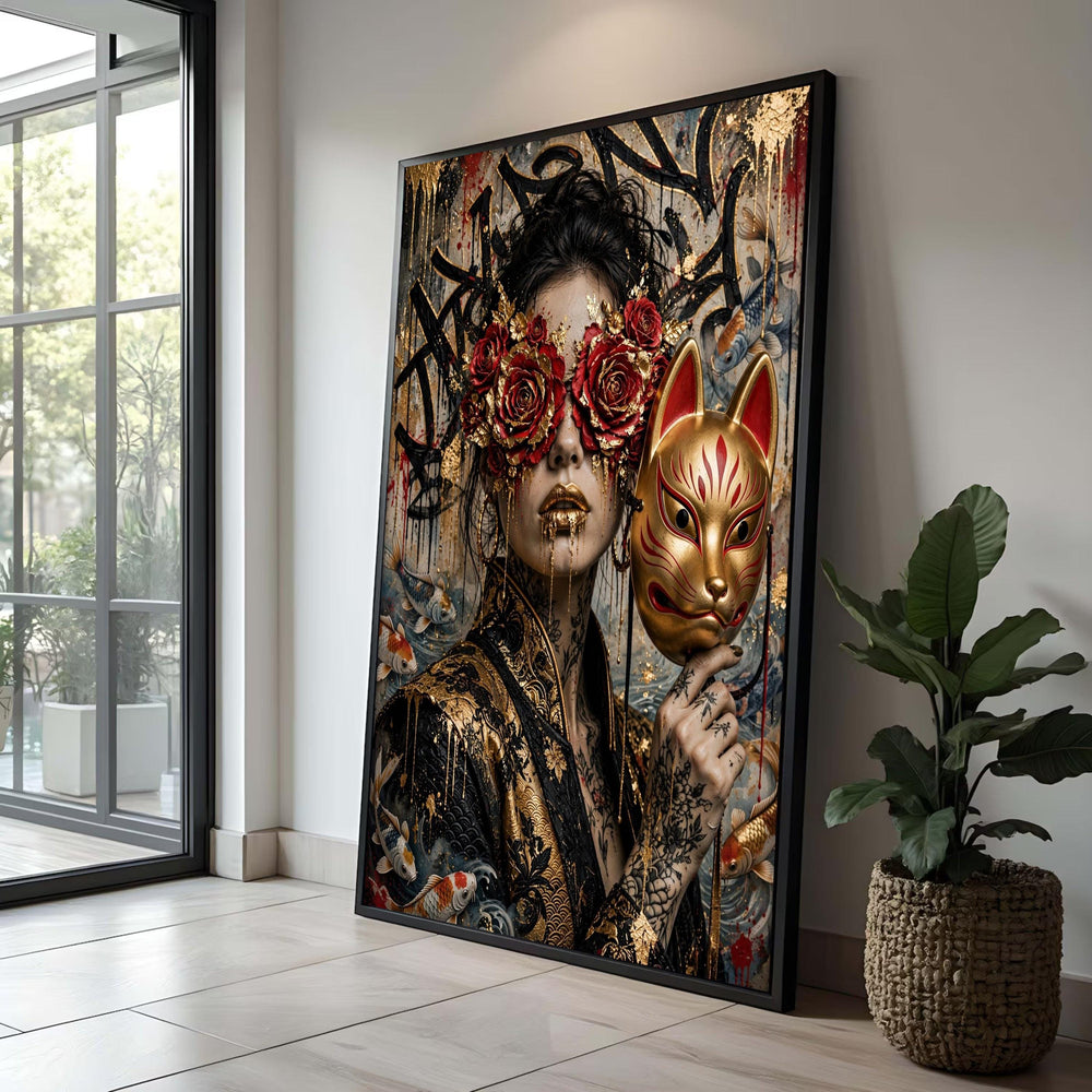 Elegant Woman with Red Roses Eyes, Gold Japanese Fox Mask Canvas, Koi Fish and Gold Accents Wall Art, Modern Asian Style Luxury Home Decor