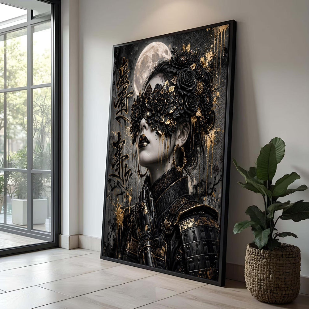 Elegant Black Gold Floral Mask Canvas, Moonlit Samurai Woman Portrait, Asian Wall Art, Decorative Canvas for Home Luxury Home Decor