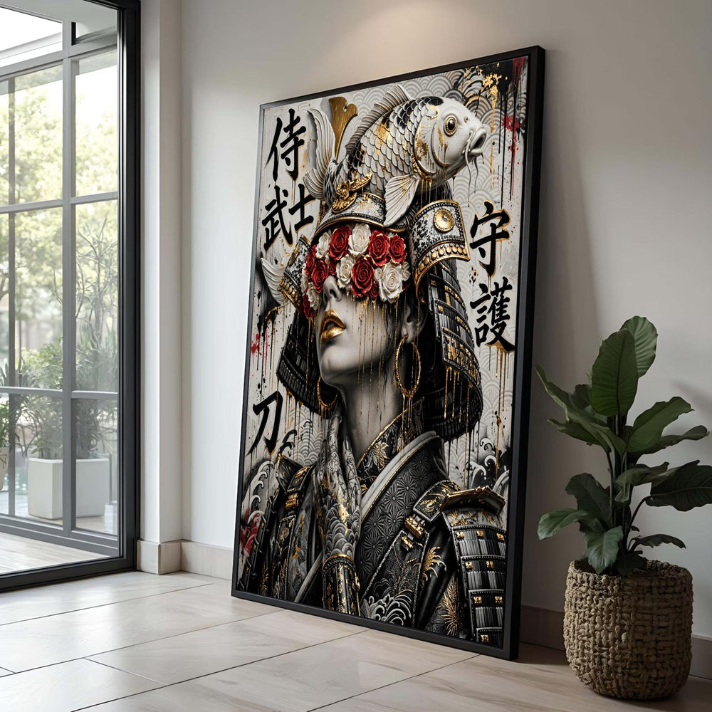 Modern Samurai Woman Canvas Wall Art, Koi Fish Helmet Decor, Japanese Roses and Gold Accent Painting, Asian Warrior Luxury Home Decor