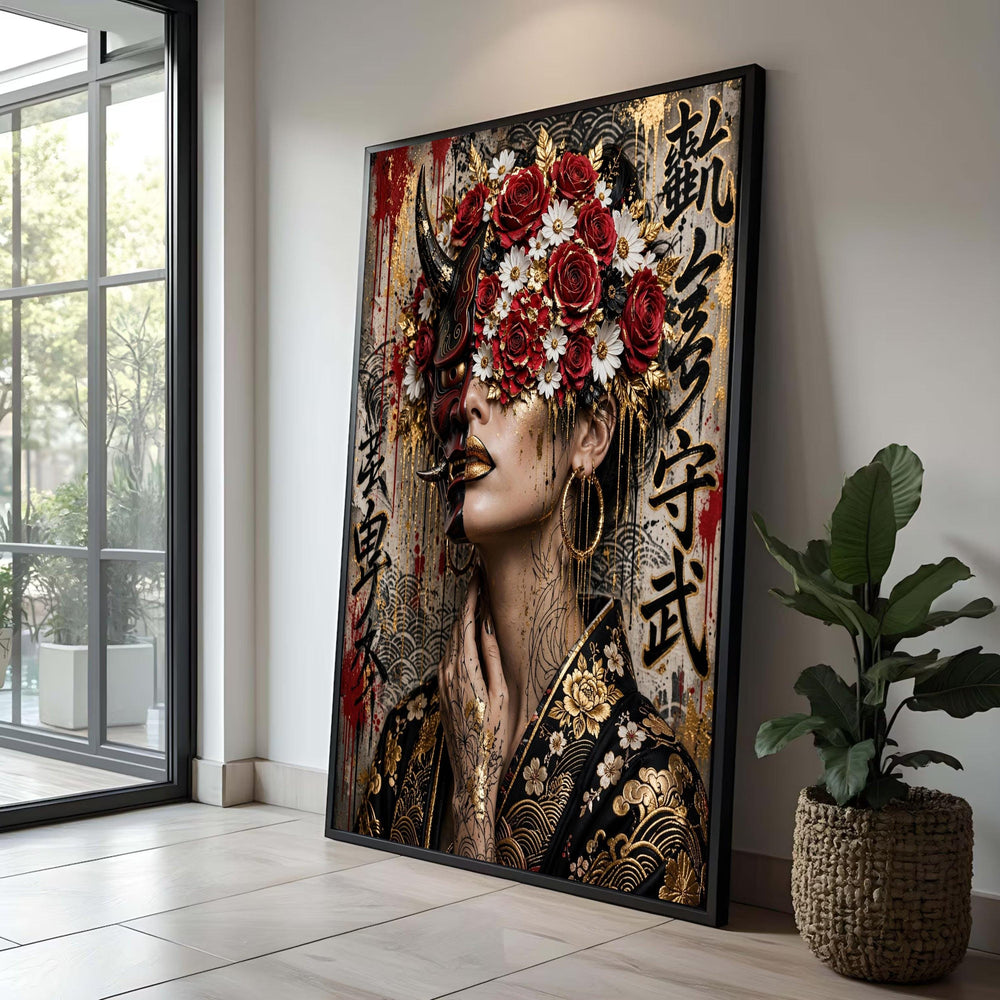 Bold Japanese Oni Mask Canvas, Floral Headpiece Wall Art, Red Roses White Daisies, Gold Accent Face Art, Asian Tattoo Luxury Home Decor