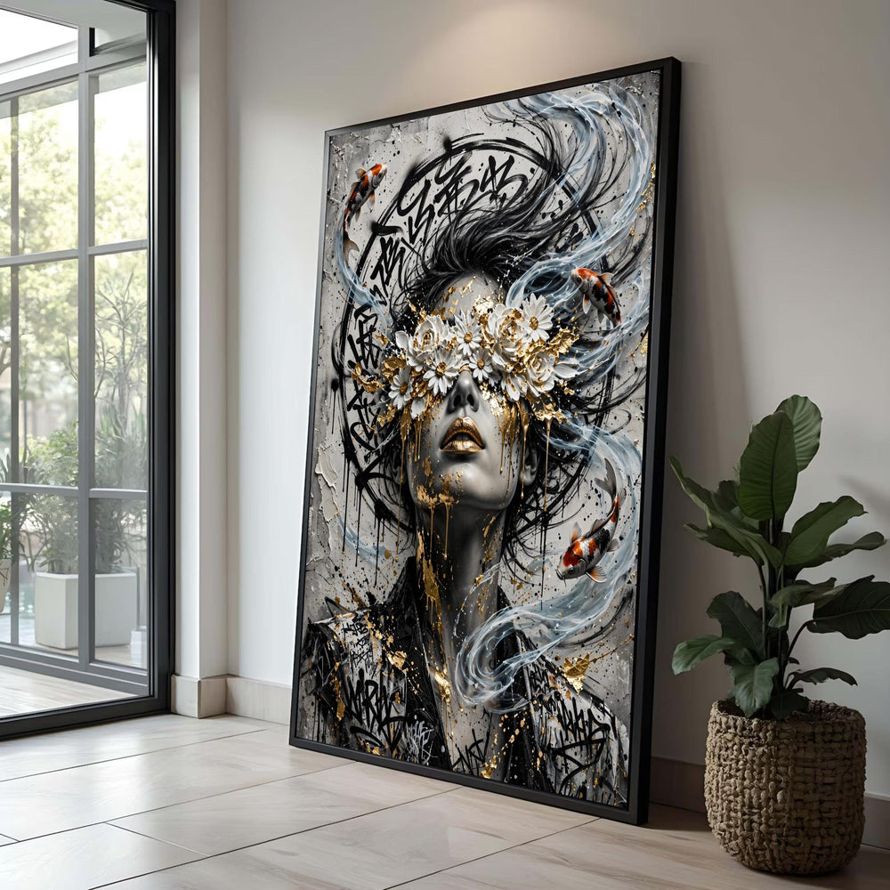 Golden Floral Blindfold Portrait Canvas Wall Art, Modern Female Face Design, Abstract Koi Fish and Calligraphy, Decorative Luxury Home Decor
