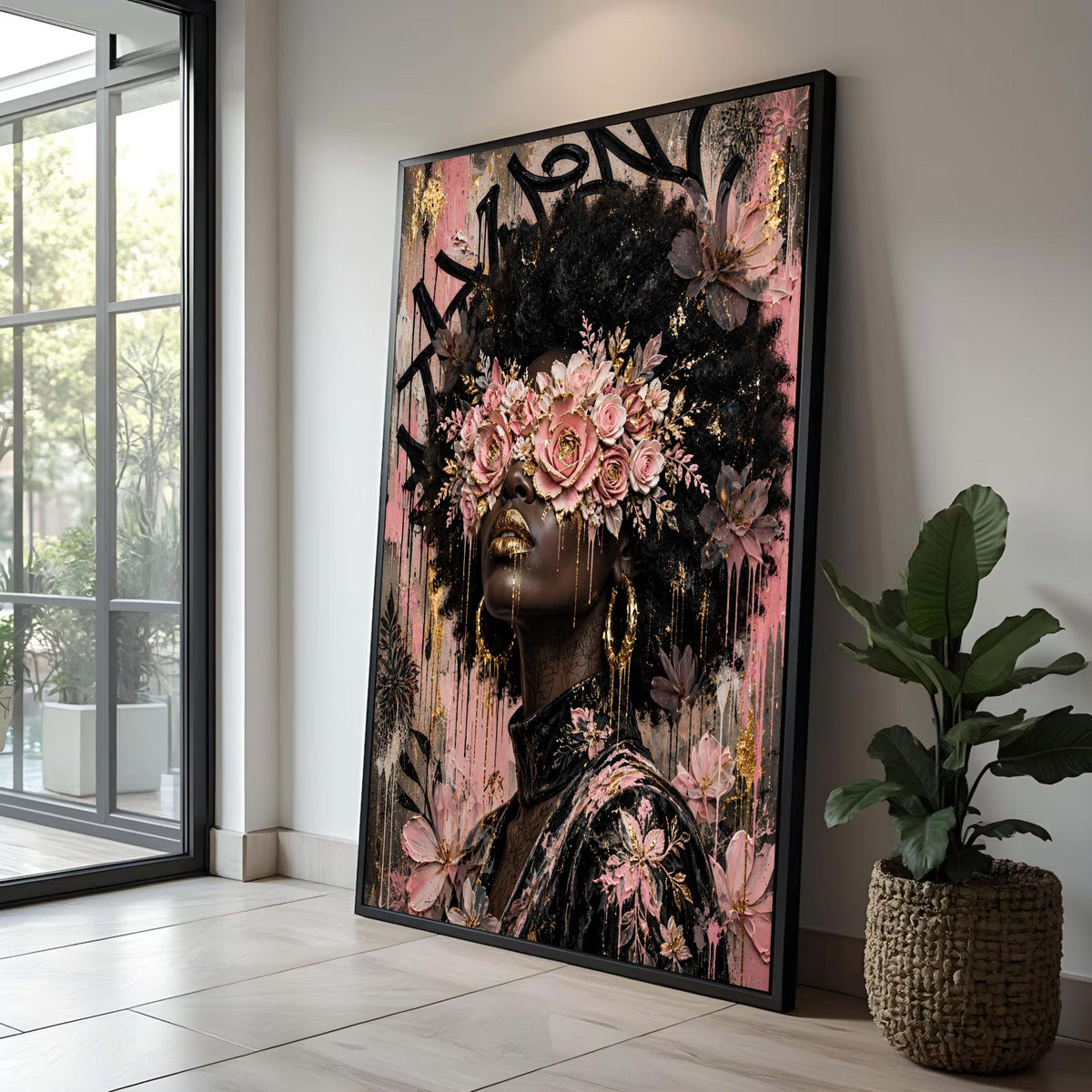 Floral Elegance Woman Portrait Canvas, Gold Accents Wall Art, Afro Hair and Pink Roses Design, Contemporary Home Luxury Home Decor