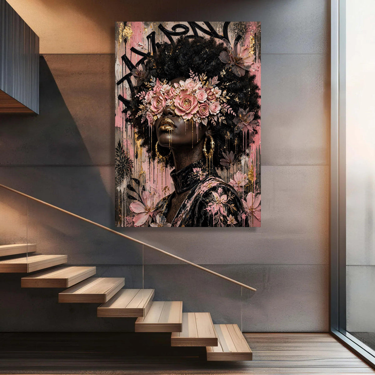 Floral Elegance Woman Portrait Canvas, Gold Accents Wall Art, Afro Hair and Pink Roses Design, Contemporary Home Luxury Home Decor