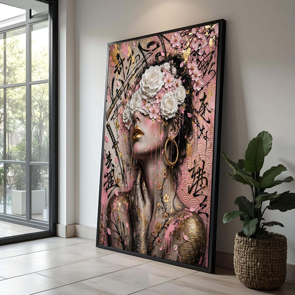 Elegant Woman with Floral Crown Canvas, Gold Accent Portrait Wall Art, Asian Calligraphy Design, Pink and White Flowers Luxury Home Decor