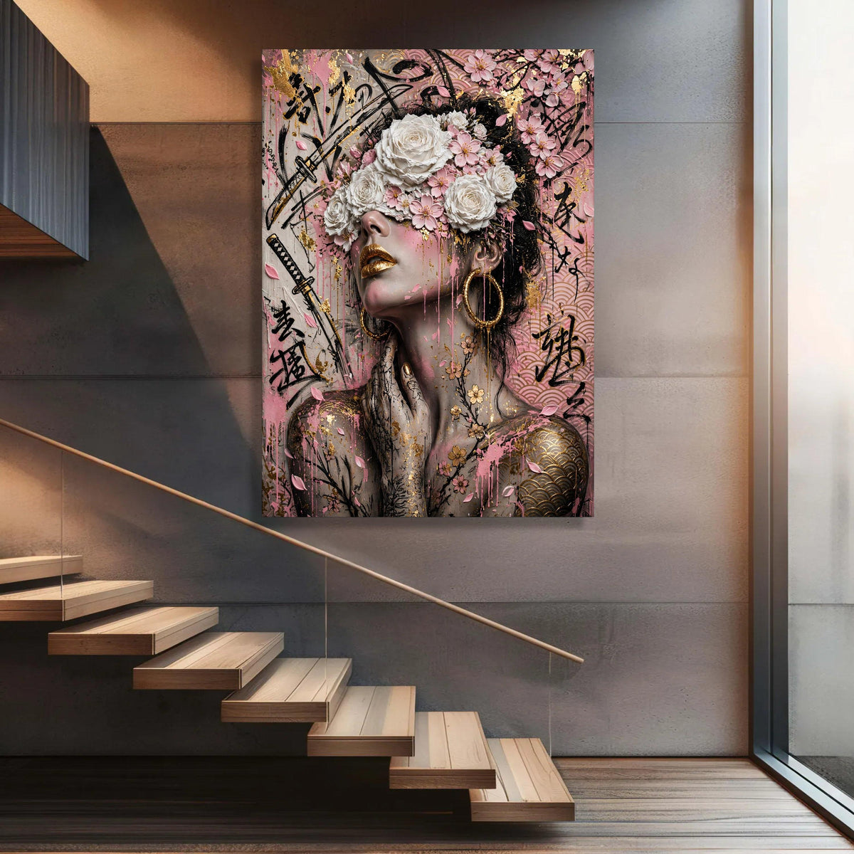 Elegant Woman with Floral Crown Canvas, Gold Accent Portrait Wall Art, Asian Calligraphy Design, Pink and White Flowers Luxury Home Decor