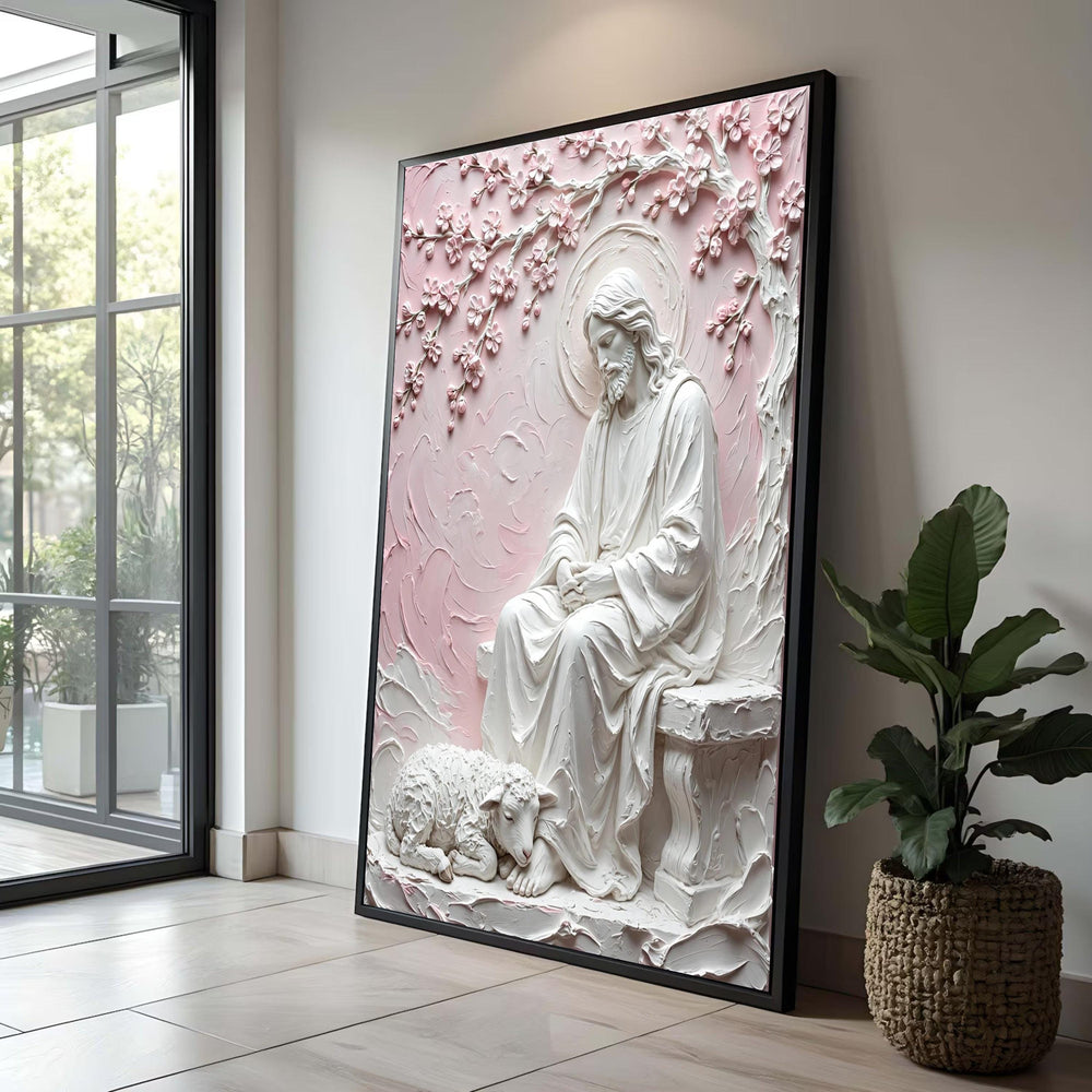 Serene Jesus Portrait Canvas, Shepherd with Lamb Wall Art, Religious Spiritual Home Decor, Floral Branch Background Canvas Luxury Home Decor