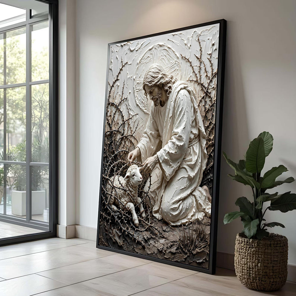 Jesus Caring for Lamb Canvas Wall Art, Spiritual Christian Decoration, Religious Home Art, Faith Symbol Canvas, Luxury Home Decor