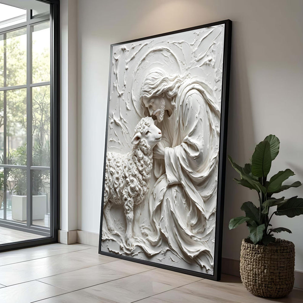Gentle Shepherd and Lamb Canvas Wall Art, Spiritual Religious Jesus and Sheep Artwork, Christian Home Decor, Faith Luxury Home Decor