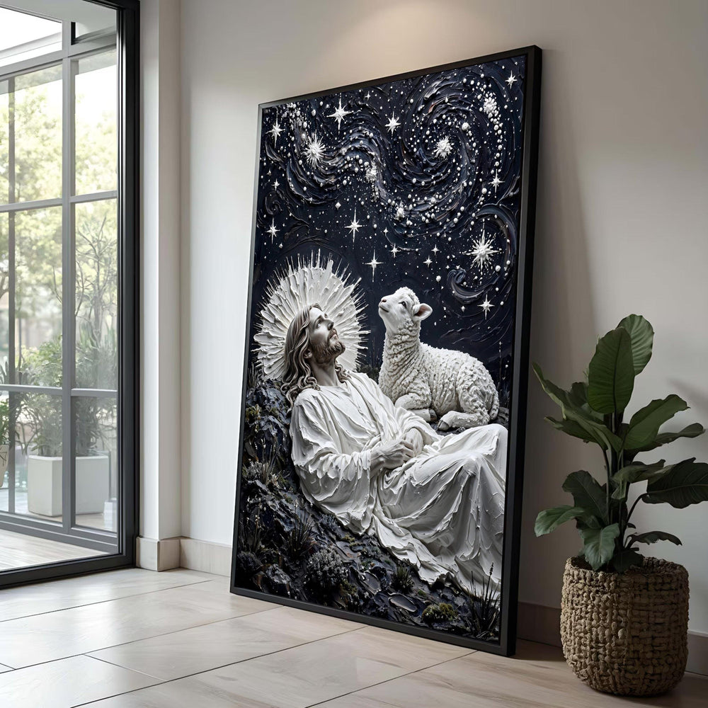 Peaceful Christ and Lamb Canvas, Spiritual Wall Art, Night Sky Stars Decoration, Religious Canvas Painting, Inspirational Luxury Home Decor