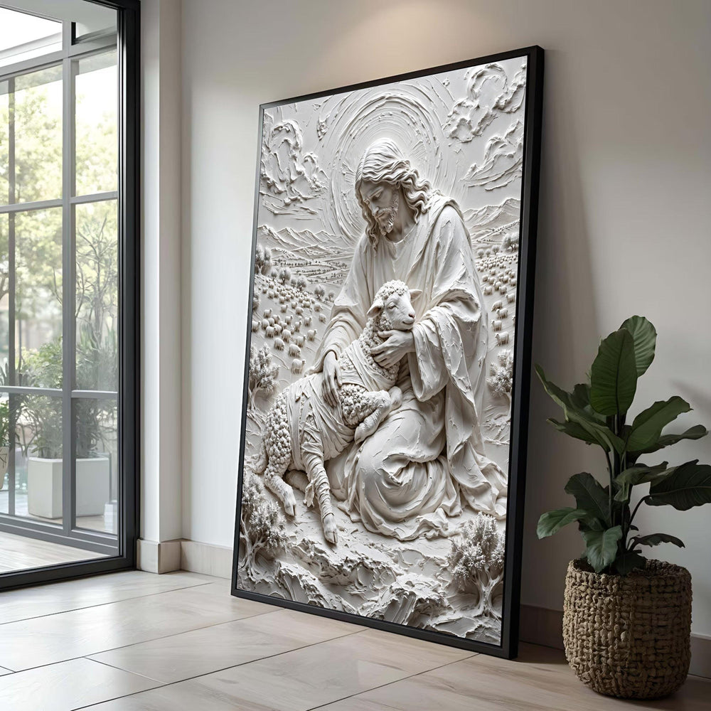 Jesus Holding Lamb Canvas Wall Art, Spiritual Religious Print, Christian Home Decor, Shepherd and Sheep Canvas, Peaceful Luxury Home Decor