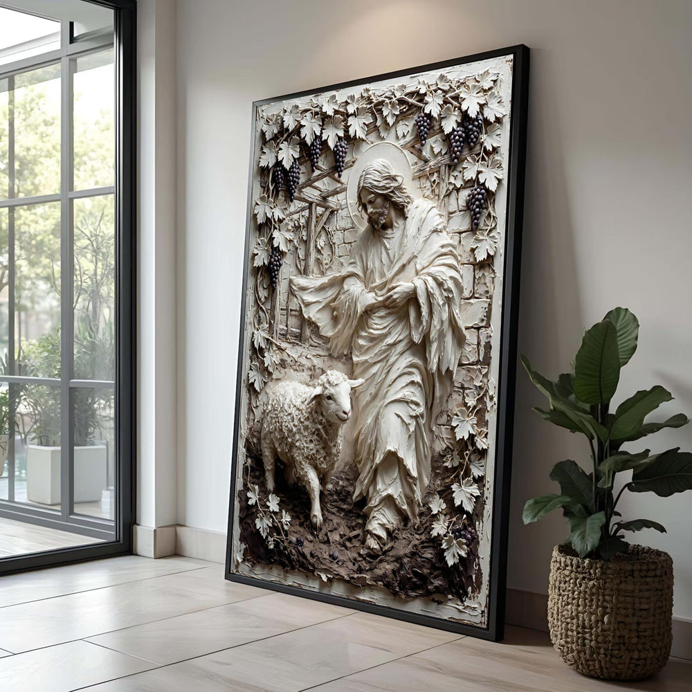 Jesus Shepherd with Lamb Canvas Wall Art, Religious Christian Decor, Vineyard Grape Leaves, Inspirational Faith Canvas, Luxury Home Decor