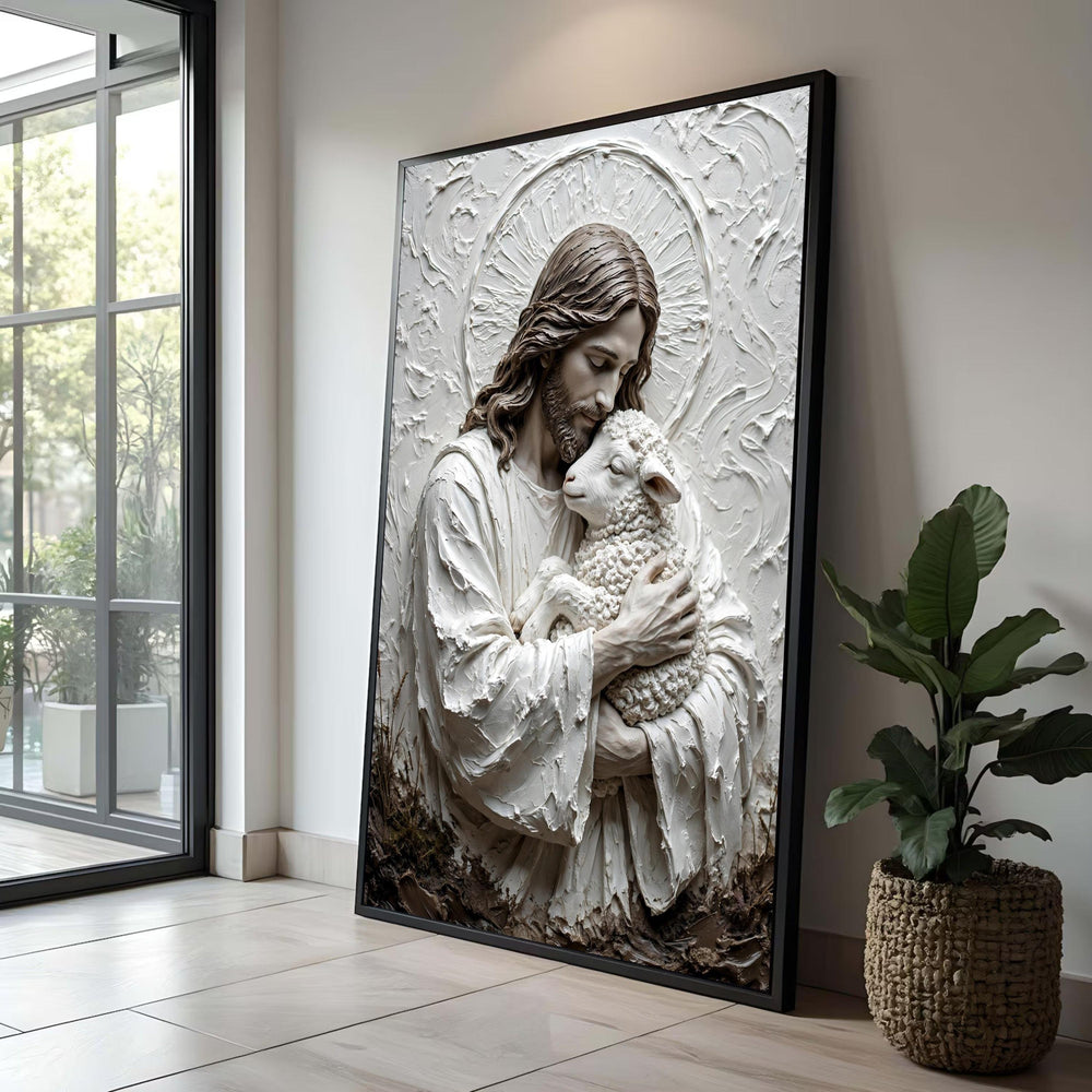 Jesus Holding Lamb Canvas Wall Art, Religious Christian Art, Spiritual Faith Decoration, Sacred Home Wall Canvas, Luxury Home Decor
