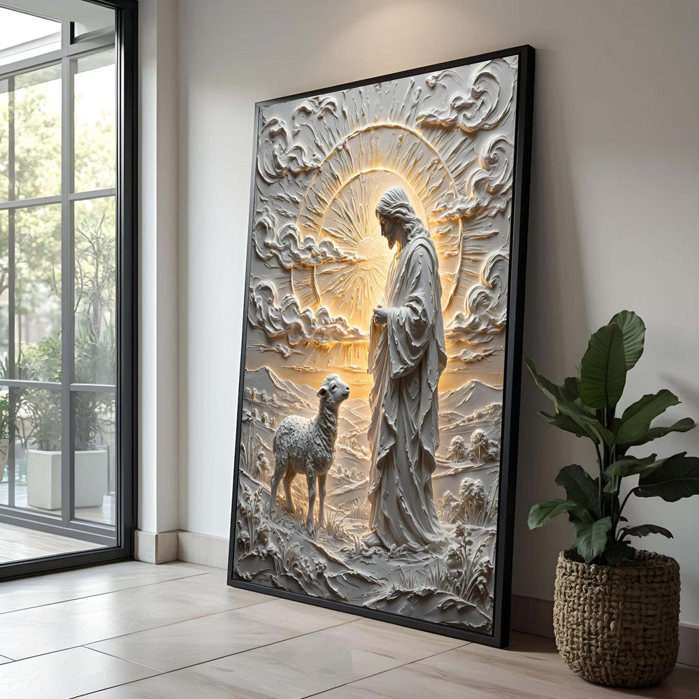 Spiritual Jesus and Lamb Canvas Wall Art, Religious Christian Decor, Inspirational Faith Canvas, Shepherd and Sheep Art, Luxury Home Decor