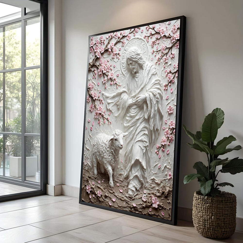 Jesus with Lamb Canvas Wall Art, Christian Religious Decor, Sacred Heart Painting, Spiritual Home Decoration, Blossom Luxury Home Decor