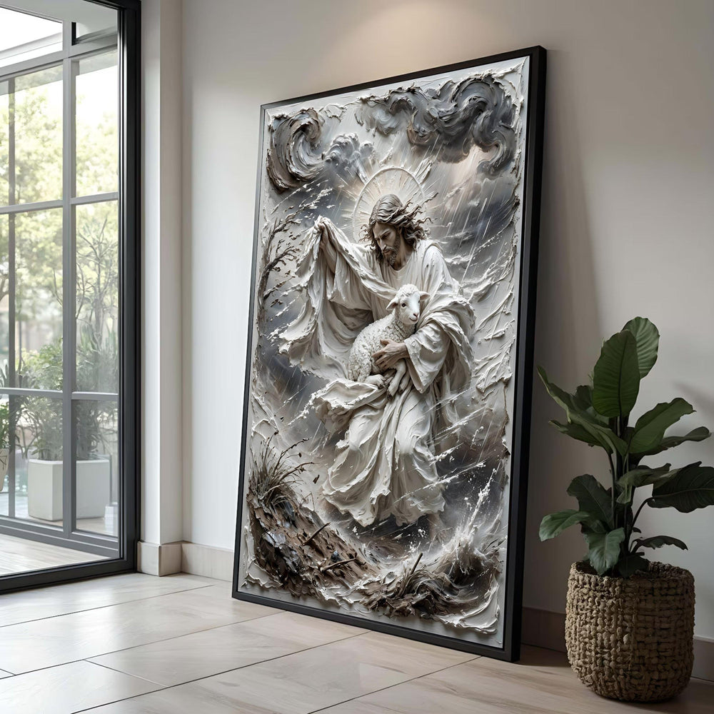 Jesus Holding Lamb Canvas Wall Art, Spiritual Christian Decor, Religious Wall Hanging, Faith Inspiration Canvas, Sacred Luxury Home Decor