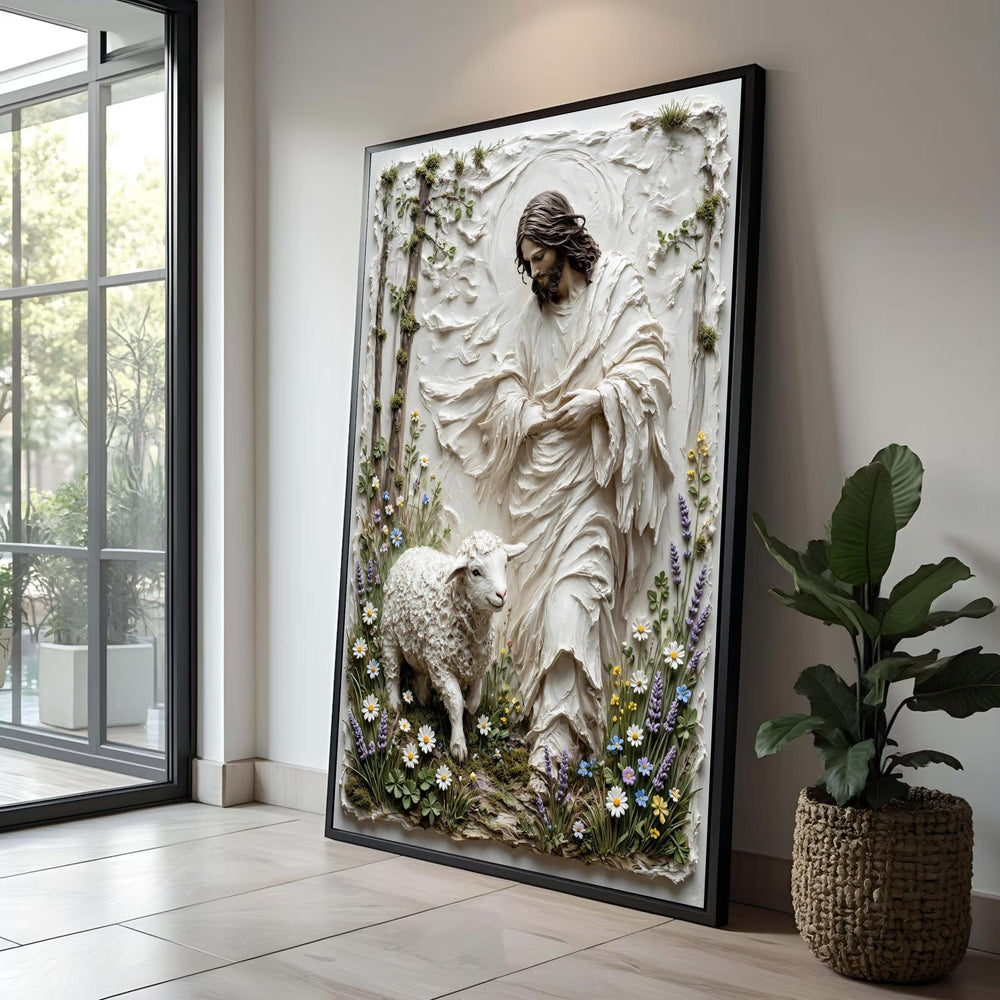 Peaceful Shepherd with Lamb Canvas, Spiritual Christian Wall Art, Floral Garden Canvas, Religious Home Decoration, Ready Luxury Home Decor