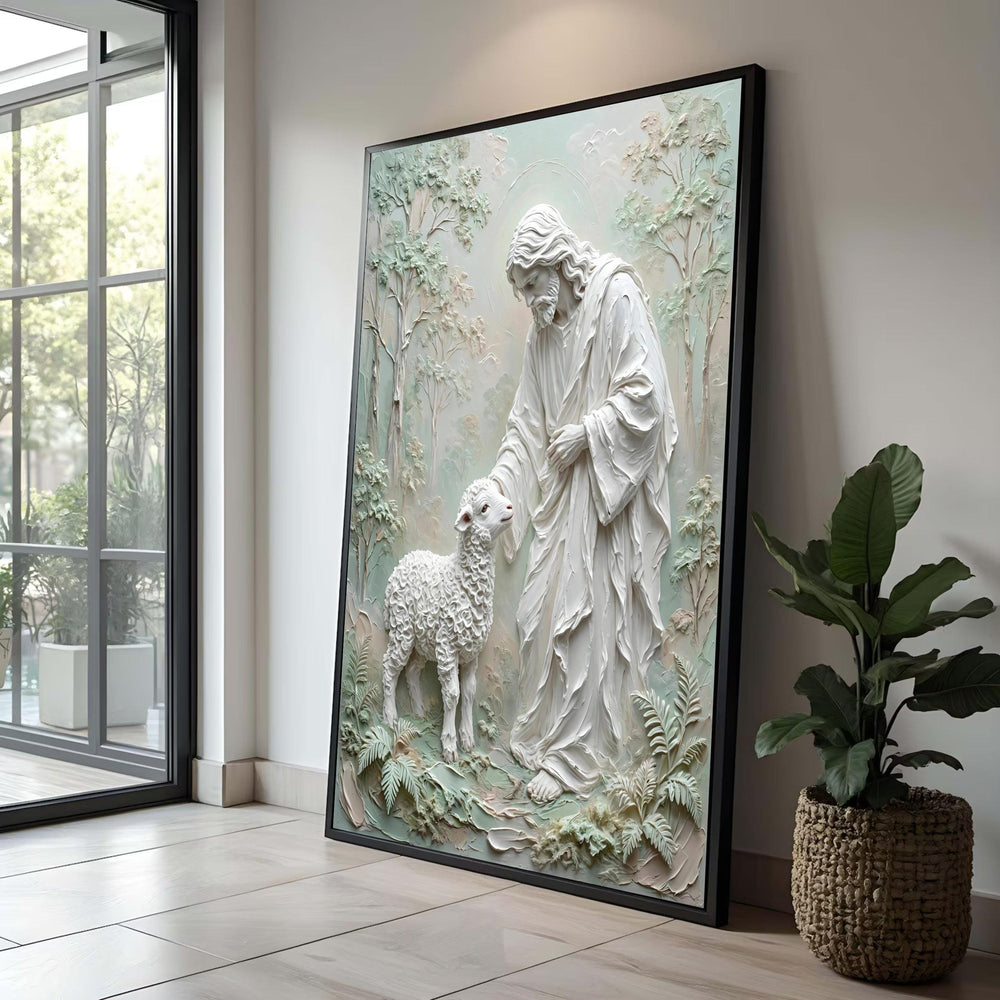 Gentle Shepherd with Lamb Canvas Wall Art, Spiritual Religious Home Decor, Christian Faith Symbol, Pastoral Nature Scene, Luxury Home Decor