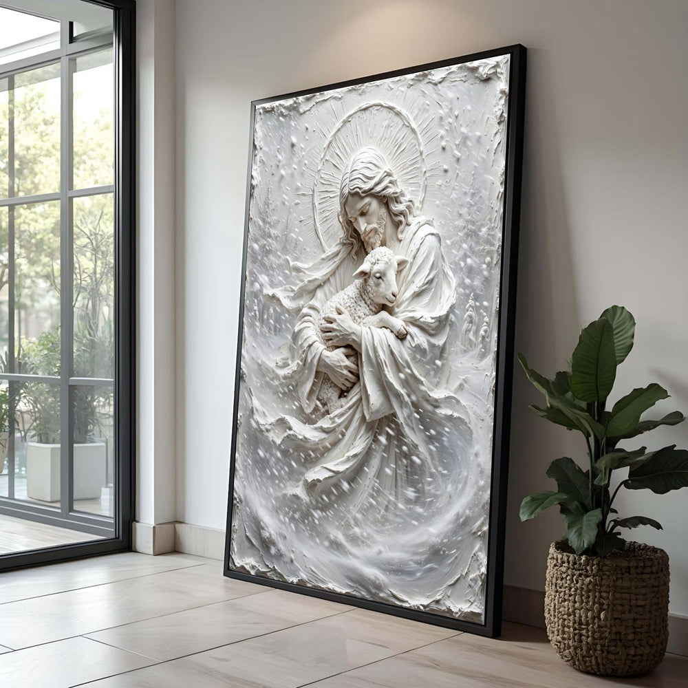 Gentle Jesus Holding Lamb Canvas, Christian Religious Wall Art, Peaceful Faith Decor, Spiritual Home Decoration, Sacred Luxury Home Decor