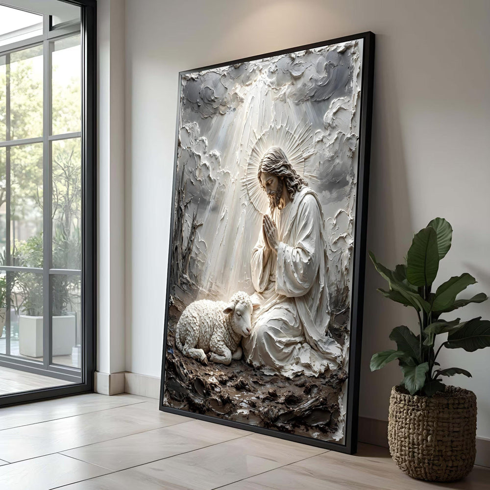 Peaceful Prayer Jesus Canvas, Lamb and Halo Wall Art, Religious Christian Decor, Spiritual Canvas Artwork, Praying Christ Luxury Home Decor
