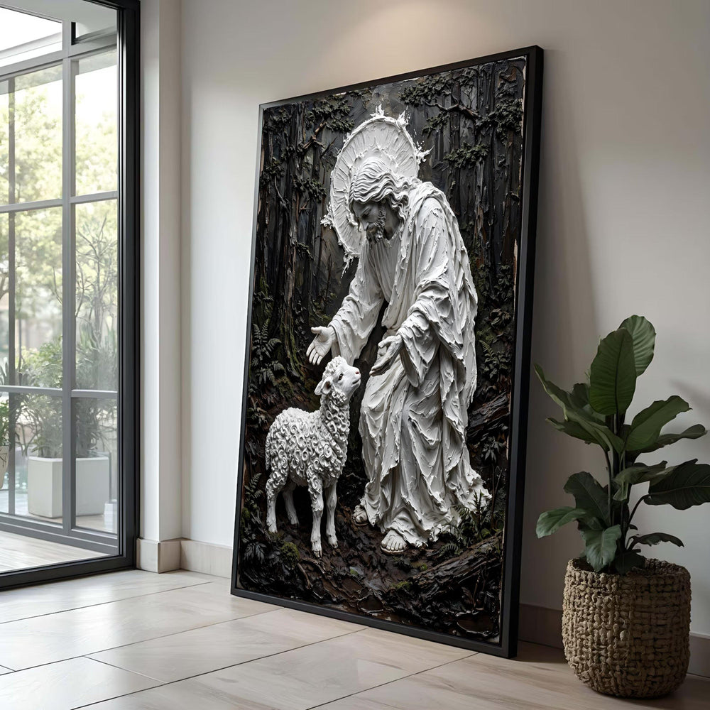 Jesus with Lamb Canvas Wall Art, Christian Spiritual Decor, Religious Shepherd Painting, Faith and Grace Canvas, Luxury Home Decor