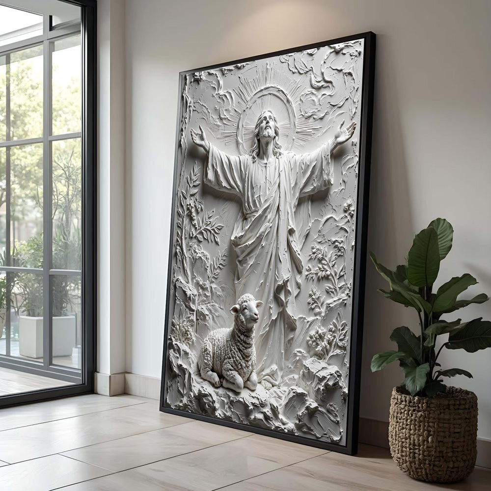 Divine Jesus with Lamb Canvas Wall Art, Religious Christian Decor, Sacred Spiritual Canvas, Home Prayer Room Decoration, Luxury Home Decor