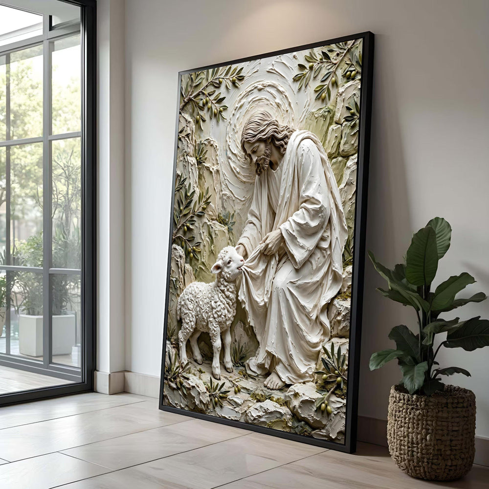 Gentle Jesus with Lamb Canvas, Religious Wall Art, Christian Home Decor, Spiritual Canvas Painting, Shepherd and Sheep Luxury Home Decor