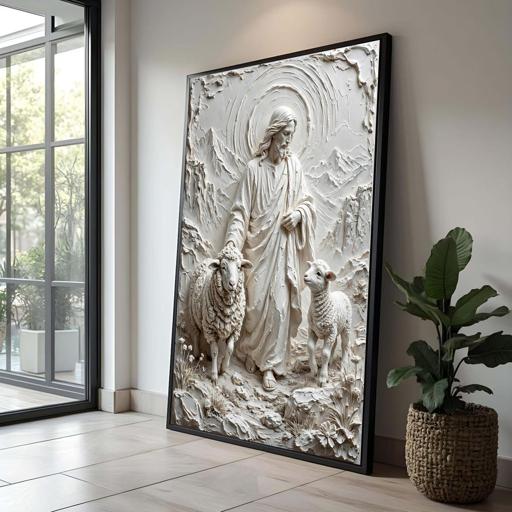 Jesus the Good Shepherd Canvas Wall Art, Religious Spiritual Home Decor, Christian Faith Illustration, Lamb and Sheep Luxury Home Decor