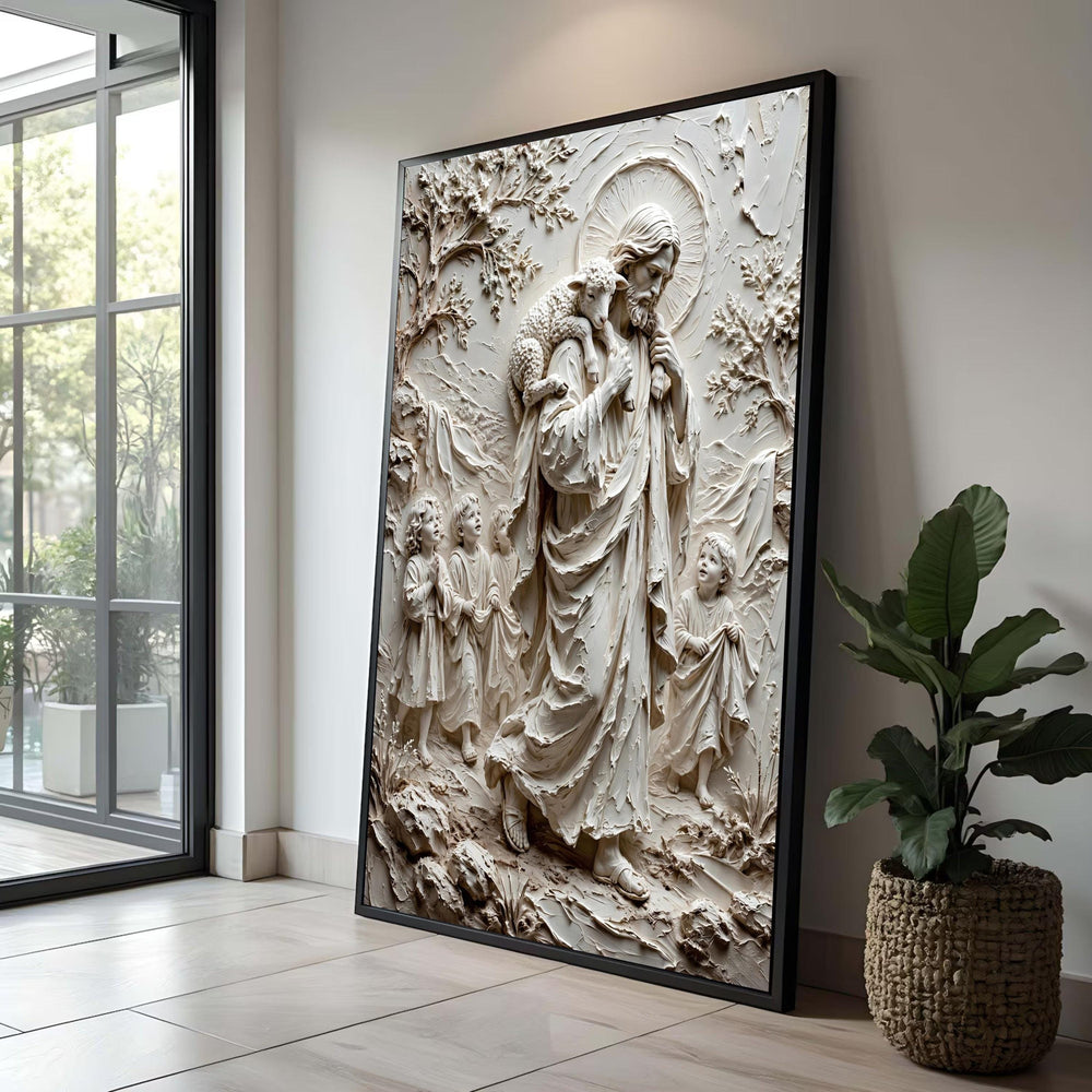 Shepherd of Children Canvas Wall Art, Spiritual Jesus with Lamb, Religious Christian Wall Decor, Inspirational Biblical Luxury Home Decor