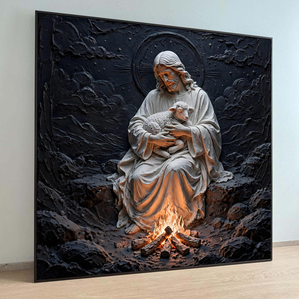Jesus Holding Lamb Canvas Wall Art, Religious Spiritual Decor, Shepherd with Sheep Painting, Faith Symbol Canvas, Luxury Home Decor