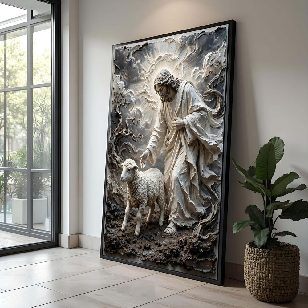 Gentle Shepherd with Lamb Canvas Wall Art, Spiritual Religious Decor, Jesus with Sheep Painting, Christian Home Decoration Luxury Home Decor
